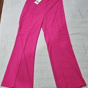 Zara Pants Women's Medium Vibrant Pink Stretch Pleated Wide Leg Trousers NWT